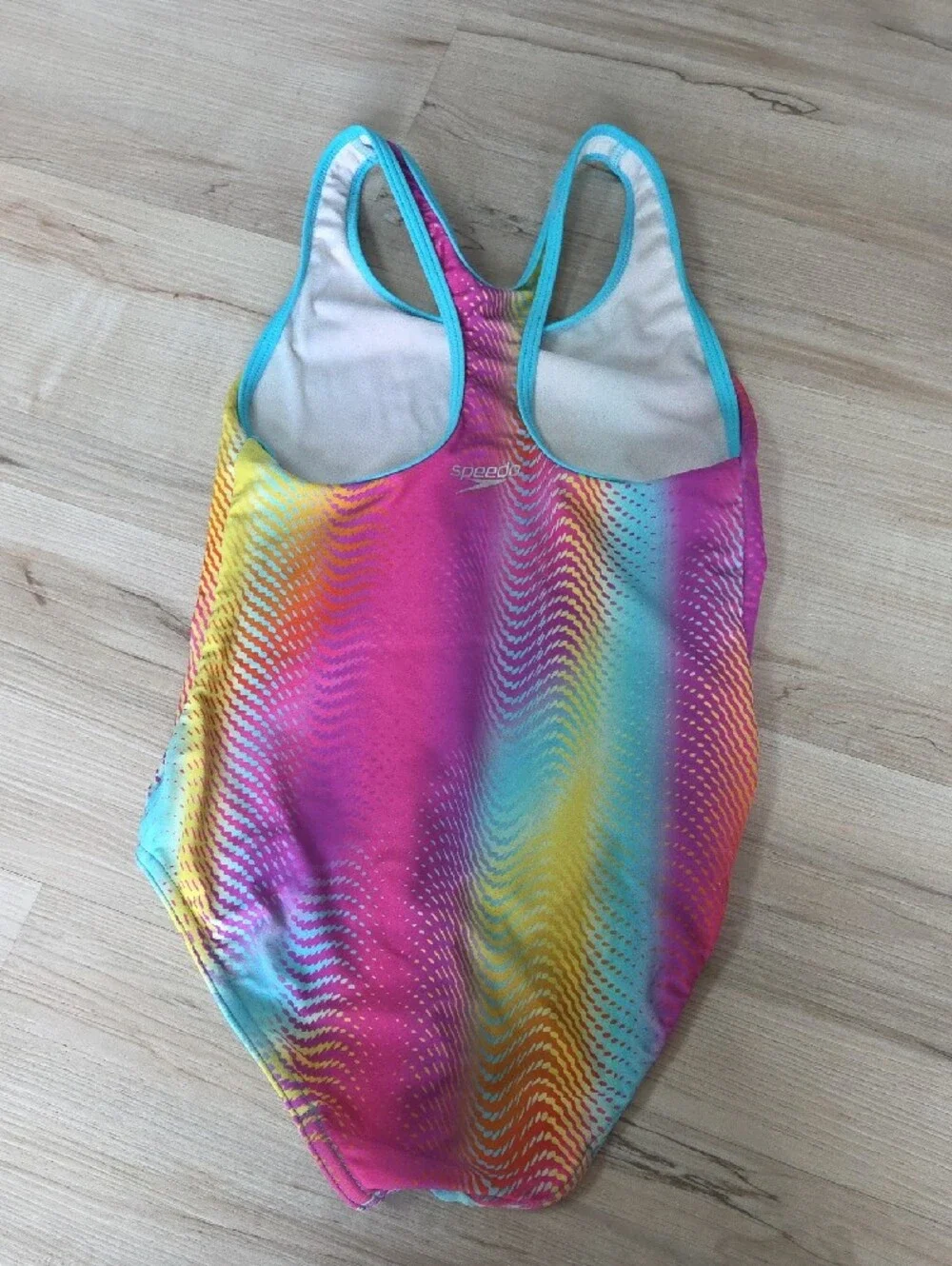 Speedo Girls Rainbow Stripe One-Piece Swimsuit - Pink Blue Yellow